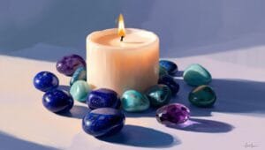 Pierres variées autour d'une bougie allumée, symbolisant la vérité et l'introspection.