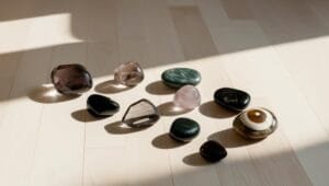 Pierre naturelles d’ancrage disposées sur un fond apaisant, symbolisant la stabilité et l’harmonie.