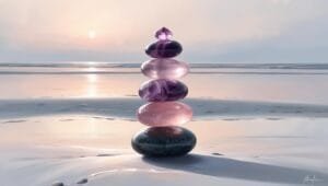 les pierres pour le calme: Pierre de lune, améthyste et quartz rose disposées harmonieusement pour représenter la sérénité et la tranquillité.