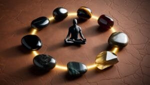 Pierres naturelles symbolisant la protection et la force intérieure, disposées en cercle autour d'une lumière éclatante, illustrant leur pouvoir énergétique.