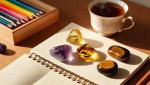 Pierres naturelles pour l'organisation et la créativité disposées sur un bureau, favorisant concentration et inspiration