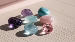 Pierre de l'améthyste, quartz rose et calcédoine bleue sur fond apaisant pour symboliser la paix intérieure et l'apaisement de l'angoisse.