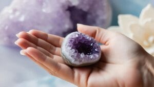 Main tenant une améthyste, symbolisant la sagesse intérieure et l’intuition.