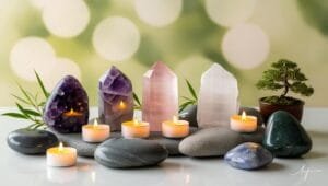 Pierres naturelles pour la sérénité et la paix intérieure disposées dans un environnement calme et apaisant, avec des éléments naturels