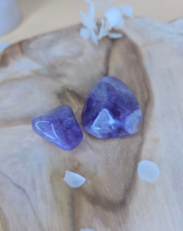 Deux pierres d’améthyste polies de couleur violette posées sur un morceau de bois, accompagnées de pétales blancs décoratifs.
