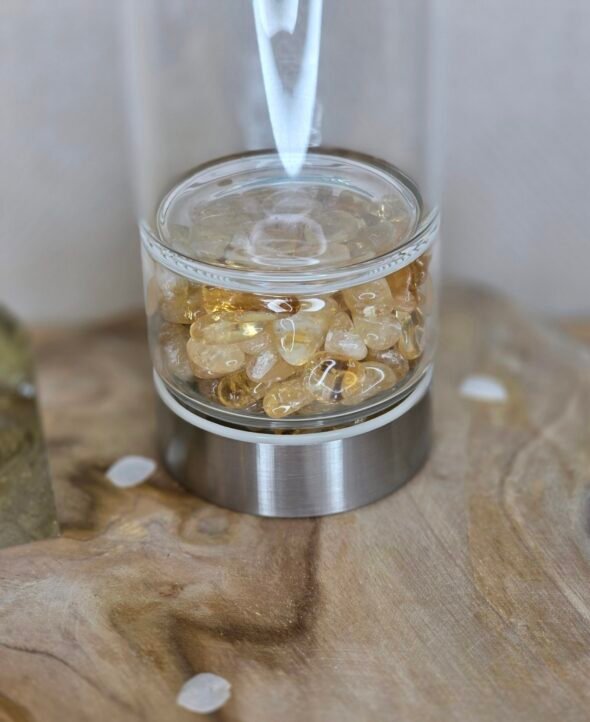 Bouteille en verre et acier inoxydable avec pierres de citrine – Énergie positive et hydratation