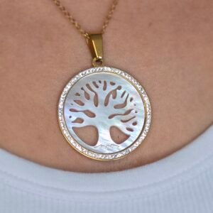 Collier Arbre de Vie en nacre et acier doré – Symbole d'équilibre et de sagesse