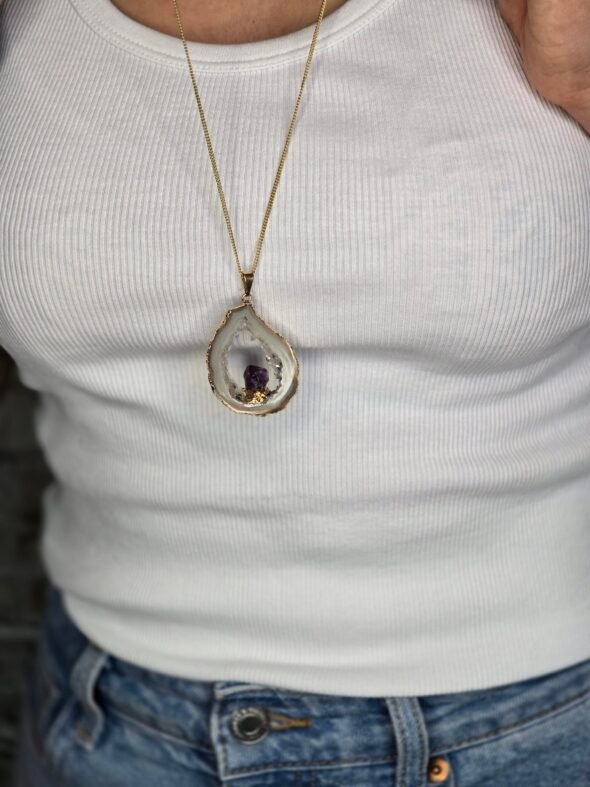 Collier Plaqué Or Agate Druzy et Améthyste – Image 4