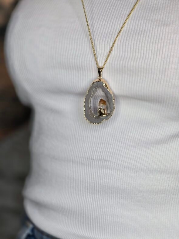 Collier plaqué or avec tranche d'Agate et Citrine – Abondance et énergie positive