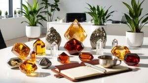 Pierres naturelles comme la citrine, la pyrite et la cornaline disposées autour d'un espace de travail, symbolisant la réussite et la motivation.