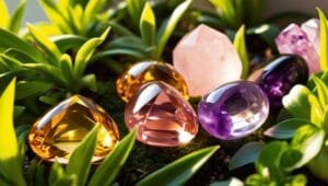 Pierres naturelles comme la citrine, le quartz rose et l'améthyste entourées de plantes vertes, symbolisant l'énergie positive et la joie de vivre