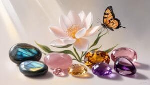 "Pierres naturelles représentant la transformation et le renouveau, avec une plante en pleine croissance, symbolisant l'évolution spirituelle."