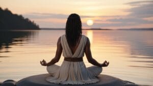 Femme méditant isha kriya en pleine nature face à un lac paisible, symbole de sérénité et de recentrage intérieur.