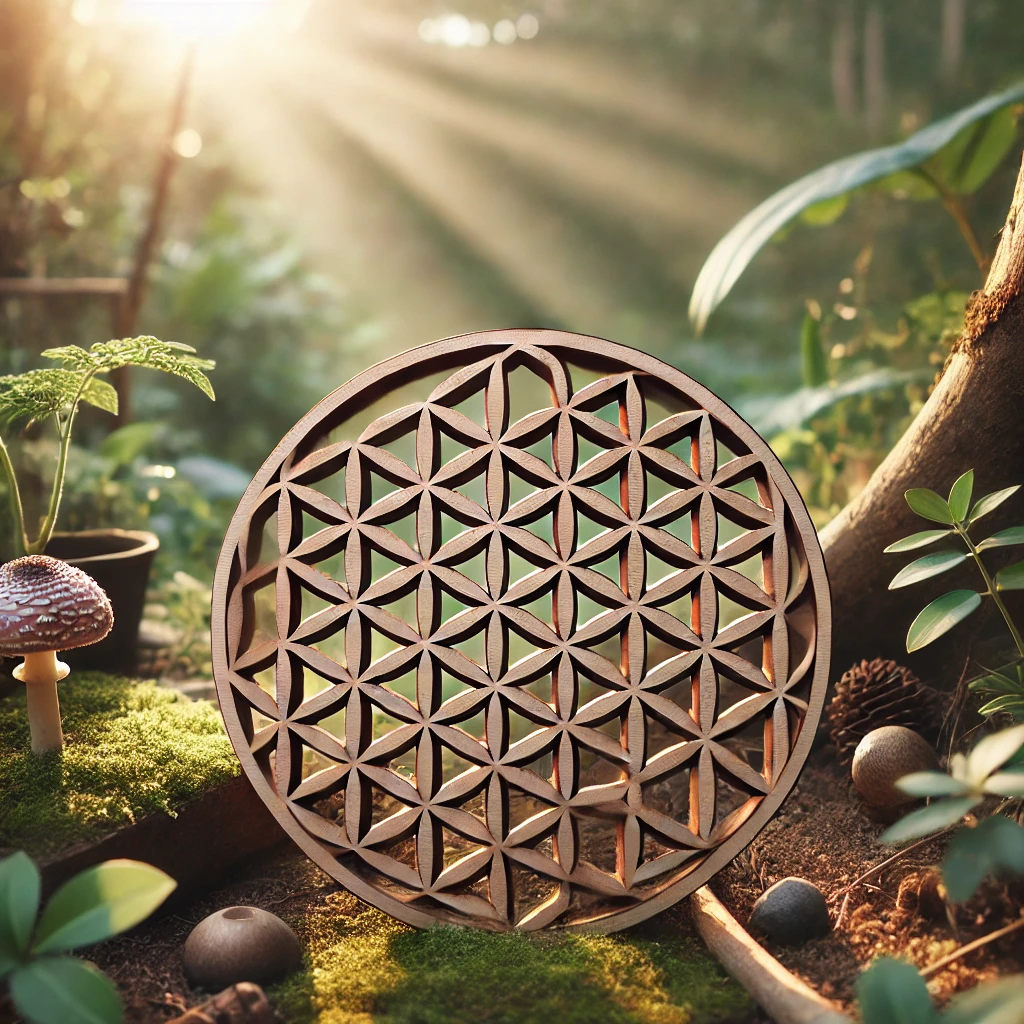 Fleur de vie en bois, symbole de spiritualité, placée dans un environnement naturel entouré de plantes et d'arbres