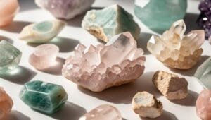 Collection de cristaux de quartz sous différentes formes et couleurs, comprenant du quartz transparent, du quartz rose, de l'améthyste, de la citrine, et du quartz fumé, disposés de manière artistique.