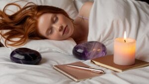 Personne se relaxant dans son lit avec une améthyste, une bougie, un carnet et un stylo, créant une ambiance propice au sommeil.
