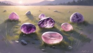 Gros plan sur des pierres de guérison émotionnelle, incluant du quartz rose et de l'améthyste, symbolisant la paix intérieure et la réparation des blessures émotionnelles.