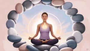 Personne en méditation entourée de pierres naturelles pour l'expression de soi et l'ouverture du chakra de la gorge