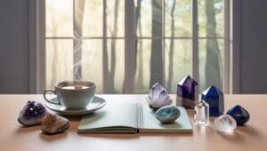 Pierres naturelles pour la réflexion et la concentration, disposées autour d'un carnet et d'une tasse de thé, évoquant la clarté mentale et la sérénité.