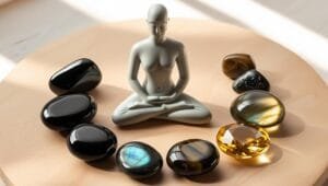 Pierres pour la stabilité et l'équilibre, disposées en cercle autour d'une silhouette méditative, symbolisant l'harmonie intérieure