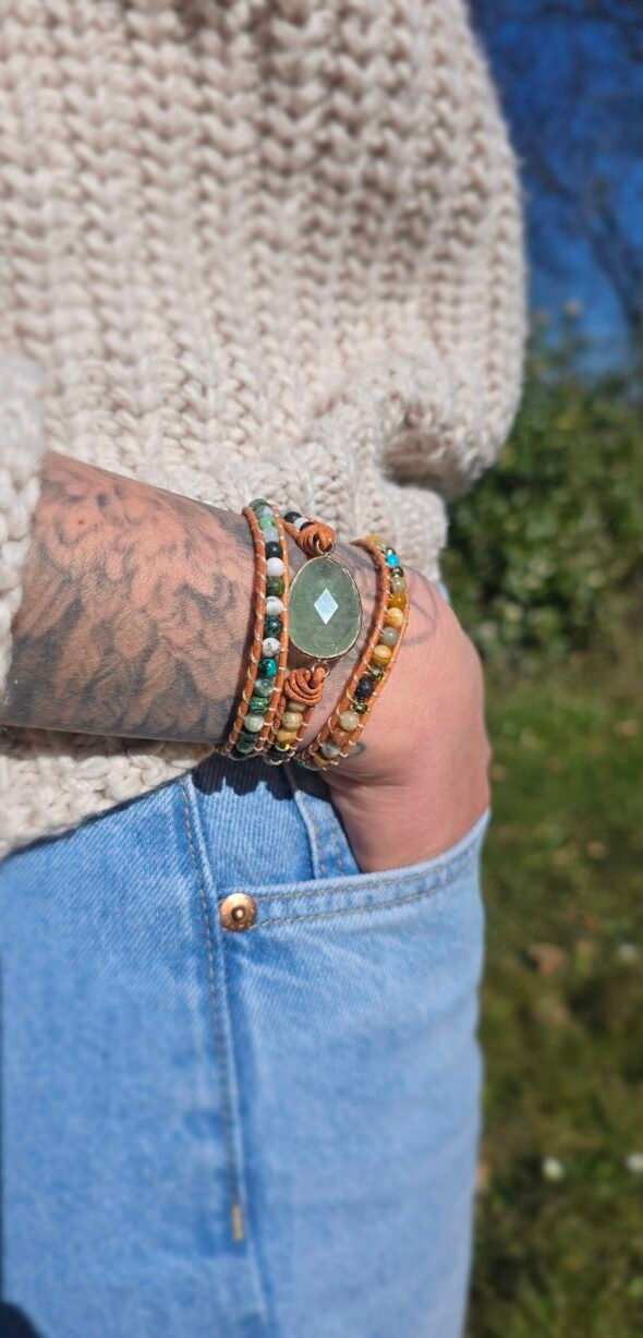 Bracelet en cuir avec perles de Jaspe et Jade vert – Bijou énergétique et naturel