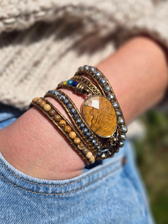 Bracelet en cuir avec perles de Jaspe terreux – Bijou naturel et ancré