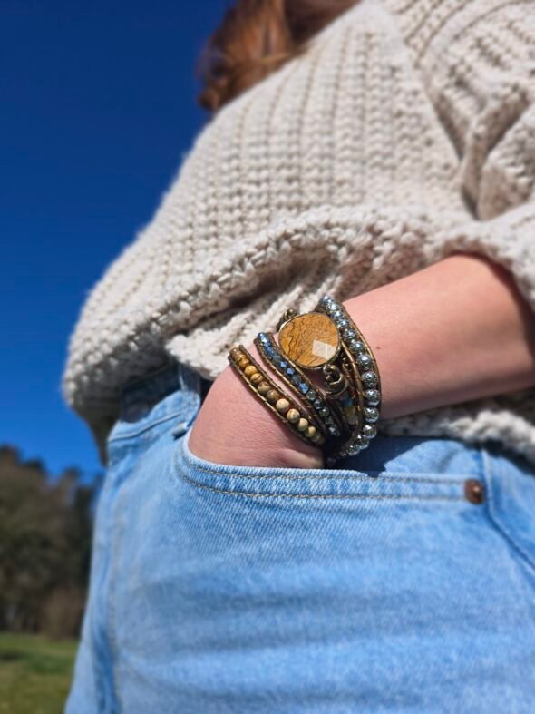 Bracelet de perles de jaspe terreux et Cuir – Image 3