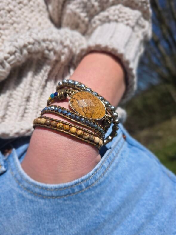 Bracelet en cuir avec perles de Jaspe terreux – Bijou naturel et ancré