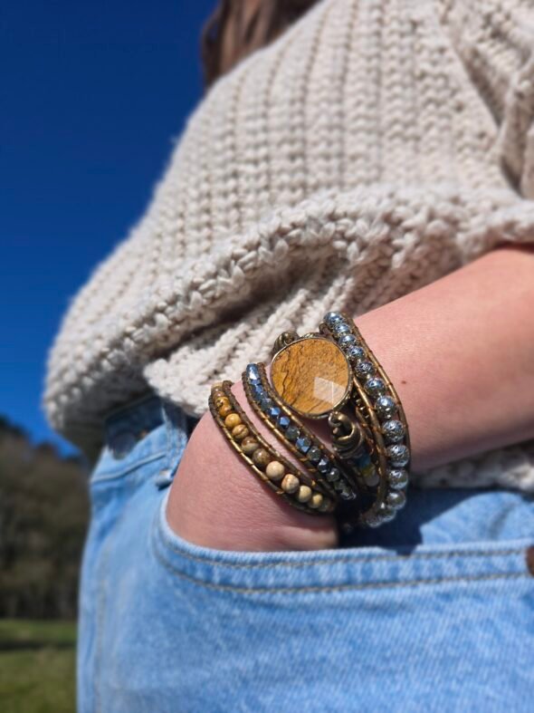 Bracelet de perles de jaspe terreux et Cuir – Image 2