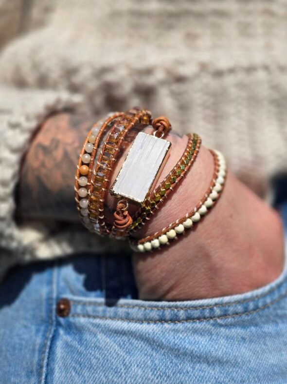 Bracelet en sélénite blanche naturelle et pierres de soleil – Image 2