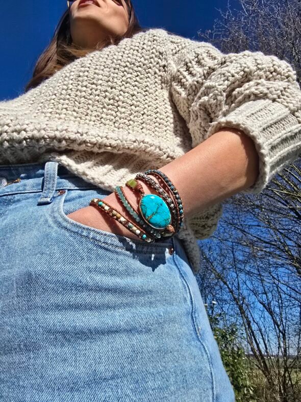 Bracelet en cuir avec perles de Jaspe Turquoise – Bijou spirituel et naturel