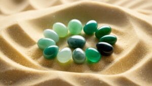 Pierres naturelles de jade vert de différentes teintes posées sur du sable