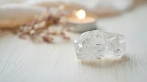 Cristal de roche brut transparent sur fond bois — lithothérapie Isha Kriya