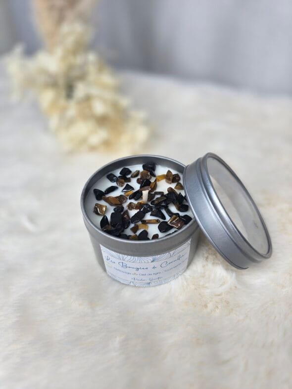 Bougie Palo Santo bio avec Tourmaline noire et Œil de tigre