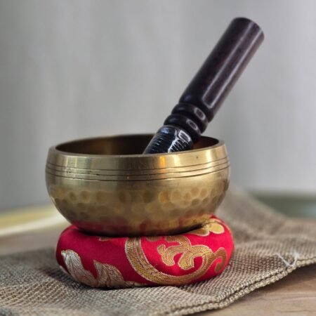 Bol chantant tibétain 8 cm avec coussin, bâton et sachet type jute pour méditation, relaxation et harmonisation énergétique