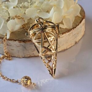 Pendule conique en cuivre doré style cage, motif pentacle, outil de radiesthésie et pendule témoin