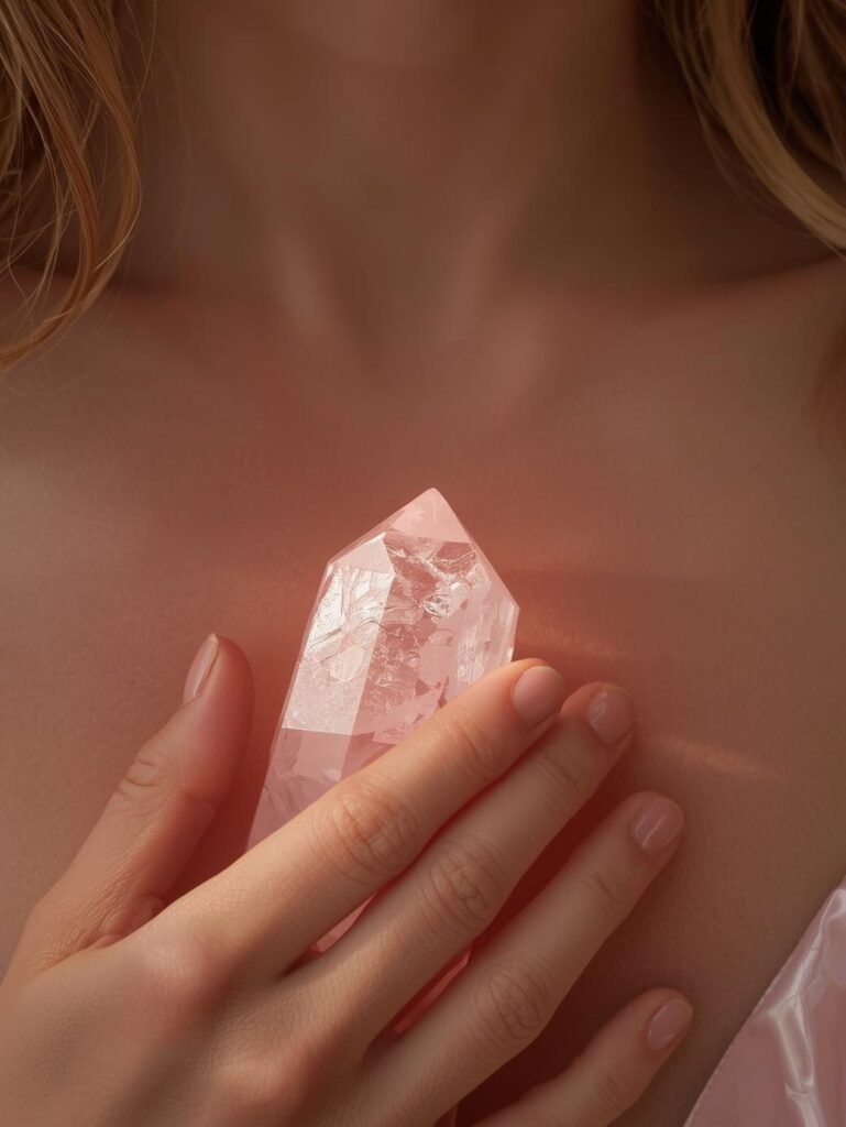 Main tenant pierre de quartz rose naturel contre le cœur dans une ambiance douce et rose tendre, rituel d'amour de soi et de bienveillance en lithothérapie