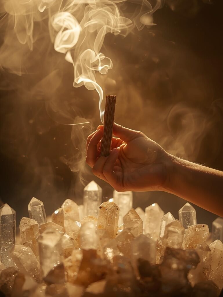 Main tenant un bâton de Palo Santo fumant entouré de pierres naturelles de lithothérapie dans une ambiance dorée apaisante, rituel de purification énergétique