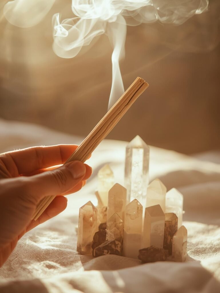 Main tenant un bâton de Palo Santo fumant entouré de pierres naturelles de lithothérapie dans une ambiance dorée apaisante, rituel de purification énergétique