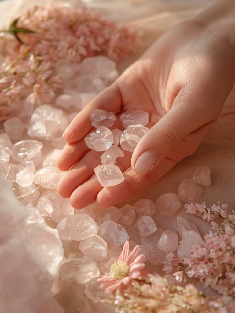 Main délicate tenant pierre de quartz rose naturel entourée de fleurs douces dans une lumière tendre, symbolisant l'amour de soi et la bienveillance envers soi-même en lithothérapie