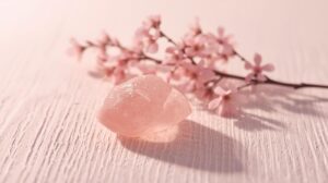 Pierres de quartz rose naturel entourées de fleurs douces dans une lumière rose tendre sur fond blanc cassé ou bois clair, ambiance douce et bienveillante pour l'amour de soi