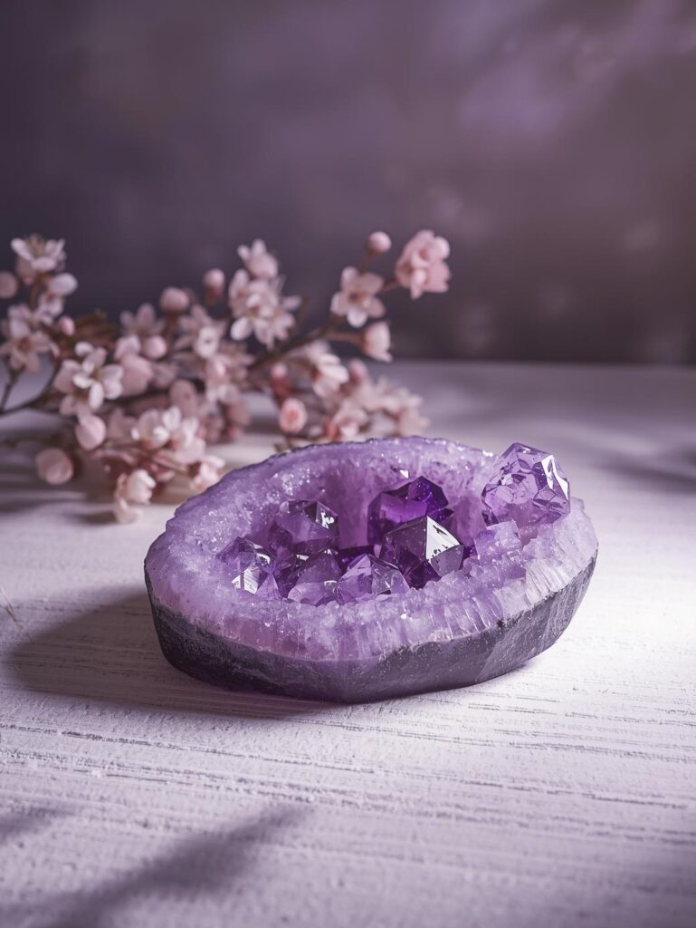 Pierres d'améthyste naturel entourée de fleurs douces dans une lumière violette tendre sur fond bois clair, ambiance douce et bienveillante pour s'apaiser