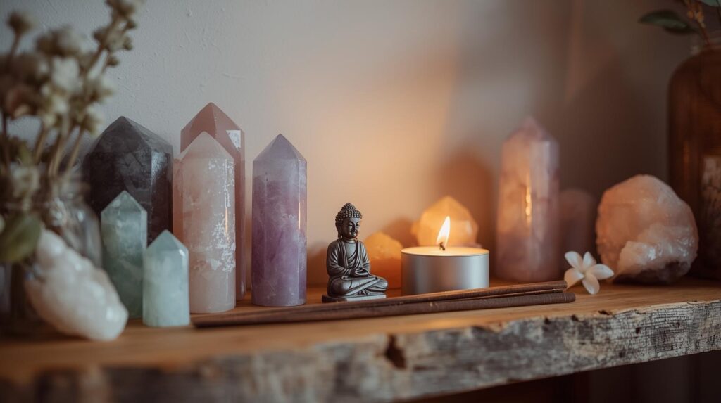 Autel de cristaux entretenu avec copal et bougie — Isha Kriya