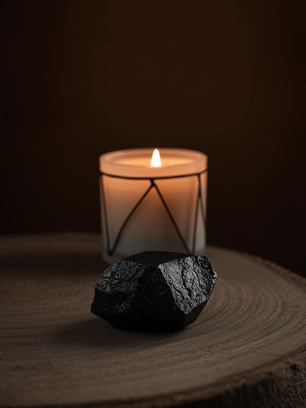 Pierre de tourmaline noire posée sur bois foncé avec bougie stylisée, ambiance terrestre et protectrice pour la protection énergétique et l'ancrage