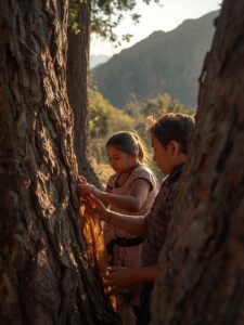 famille mexicaine récoltant la résine de copal d'arbre dans l'isthme de tehuantepec au pied des montagnes d'oaxaca