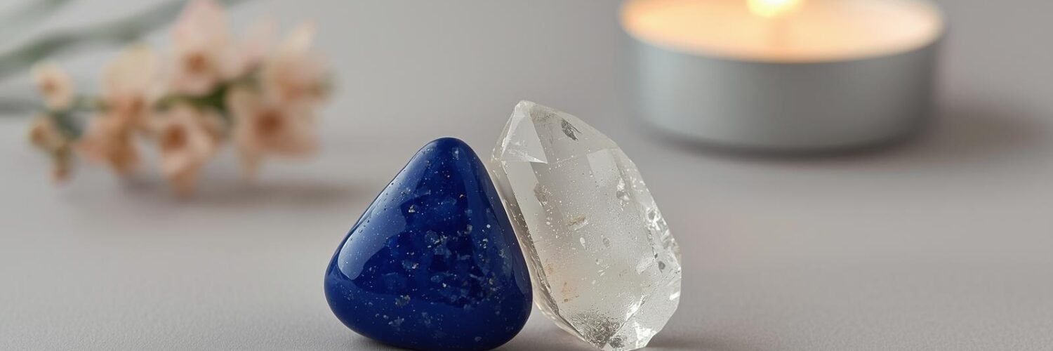 1 lapis-lazuli et 1 cristal de roche sur fond doux avec petite fleur et bougie en arrière plan Lapis-lazuli et cristal de roche — sagesse et clarté Isha Kriya