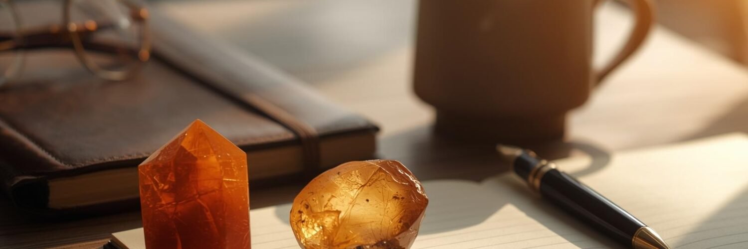 Cornaline et citrine sur bureau — créativité Isha Kriya