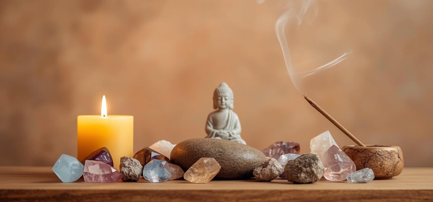 Photo d’un autel disposé — pierre centrale, cristaux autour, bougie et encens Disposition autel de cristaux avec bougie et encens — Isha Kriya