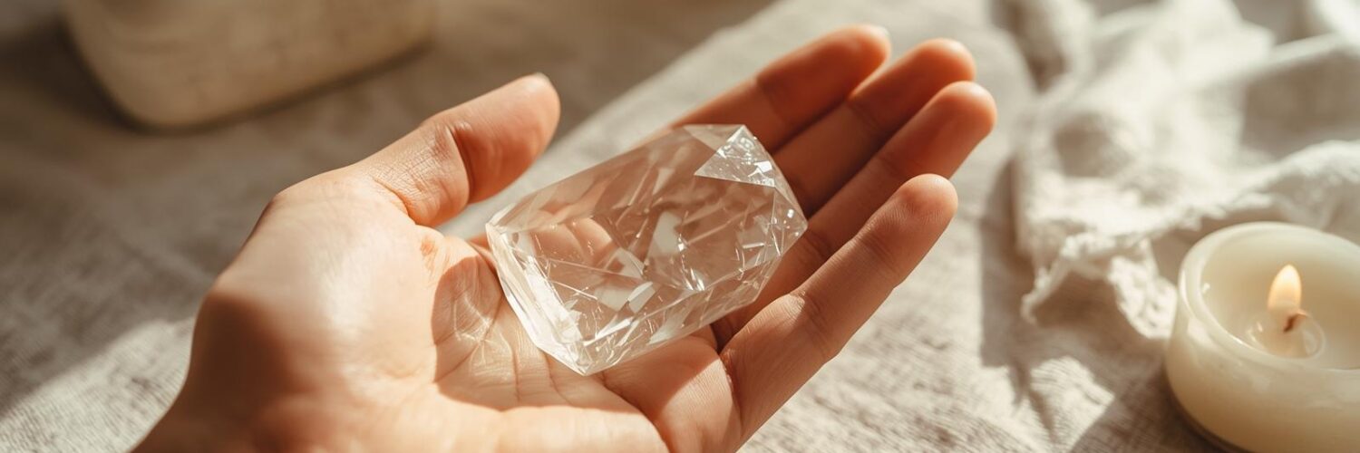 Cristal de roche méditation — clarté et équilibre Galet de cristal de roche tenu en main — méditation lithothérapie Isha Kriya