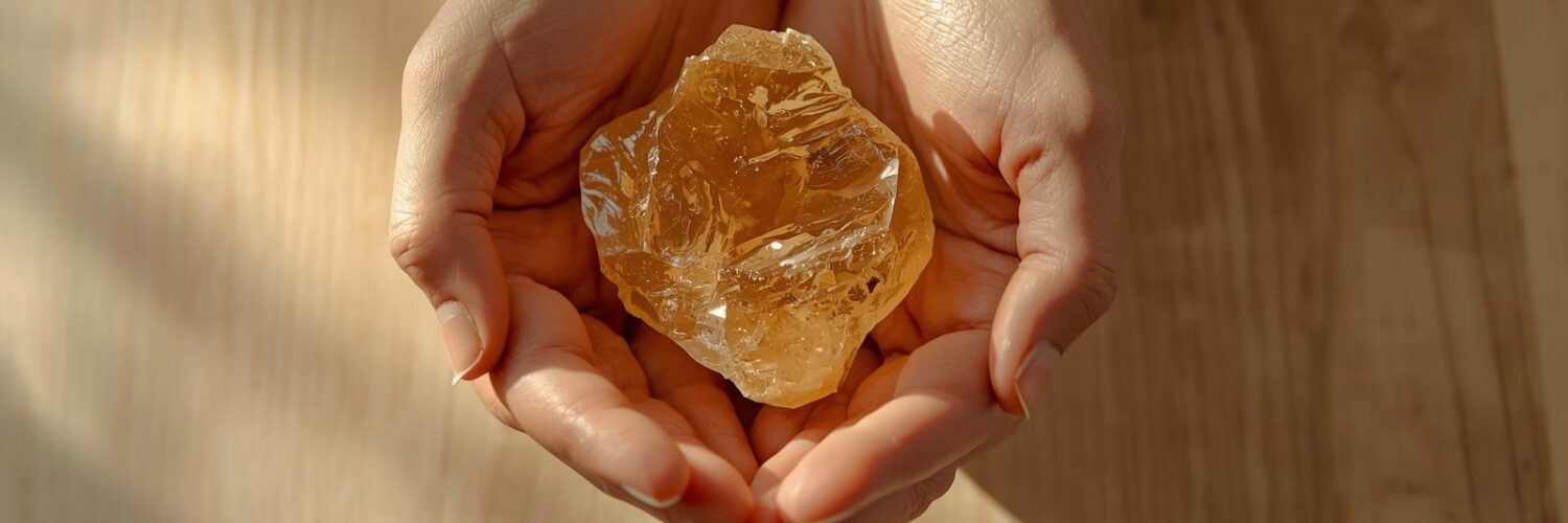 Citrine naturelle tenue dans les mains — lithothérapie joie Isha Kriya